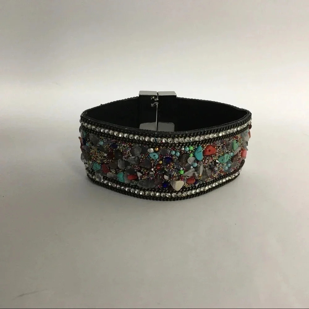Multi Stone Beaded Magnetic Clasp Wrap Cuff Bracelet